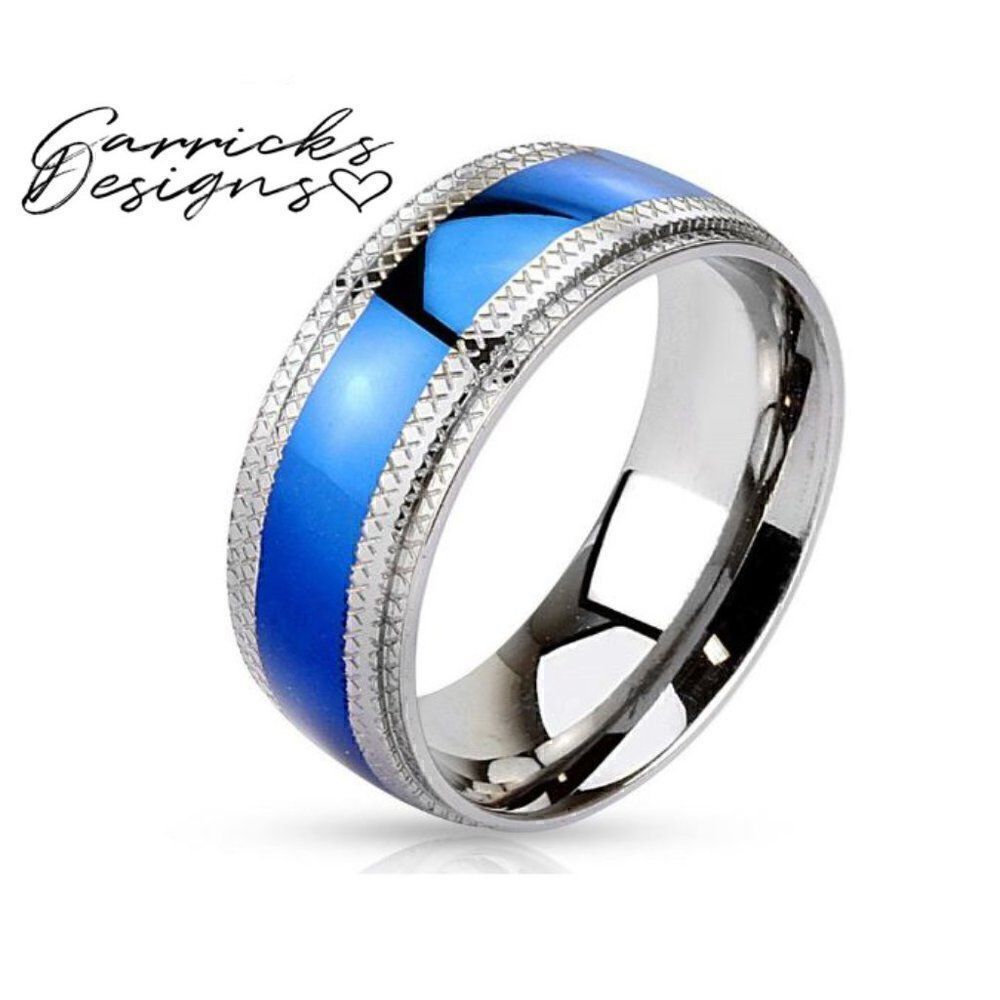 Men's Blue Domed Xband  Wedding Ring Band - Guys Wedding Ring Blue and silver